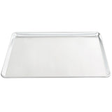 A full size, heavy weight aluminum sheet pan with a raised, smooth edge on all sides is shown on a white background. The flat, shiny surface of the tray reflects light beautifully.