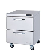 A one-section, stainless steel Undercounter Refrigerator with two drawers sits on four black caster wheels. The compact, industrial unit features a digital control panel on the top right and horizontal handles on both drawers.