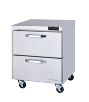 A one-section, stainless steel Undercounter Refrigerator with two drawers sits on four black caster wheels. The compact, industrial unit features a digital control panel on the top right and horizontal handles on both drawers.