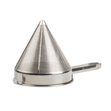 A heavy-duty China Cap Strainer made of stainless steel, featuring a fine mesh body, round base, and flat metal handle. The strainer stands upright, highlighting its pointed top and sturdy construction.