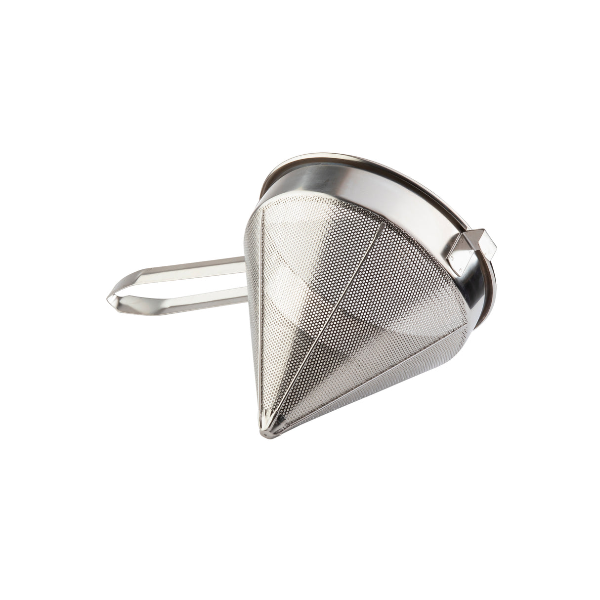A heavy duty stainless steel China Cap Strainer with a fine perforated conical mesh, long flat handle, and small metal support opposite the handle, shown on a white background.