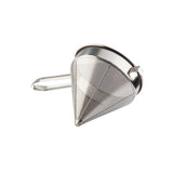 A heavy duty stainless steel China Cap Strainer with a fine perforated conical mesh, long flat handle, and small metal support opposite the handle, shown on a white background.
