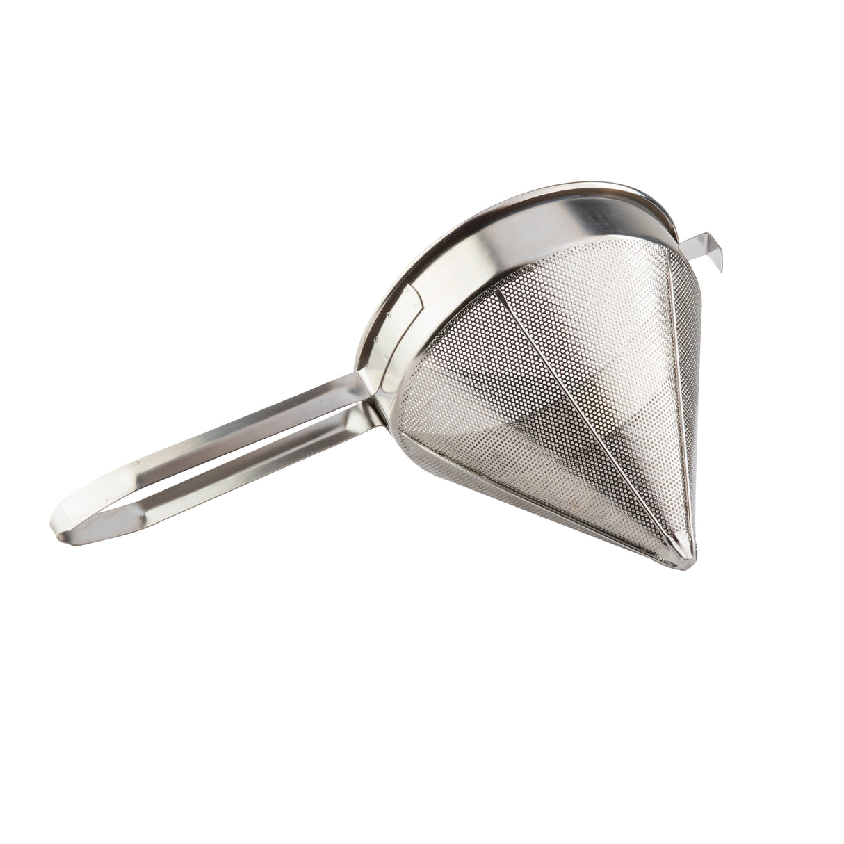 A heavy duty stainless steel China Cap Strainer with a long handle and fine mesh, designed for straining liquids. The mesh cone tapers to a point, and the ergonomic, slightly curved handle ensures easy gripping.