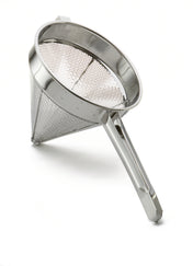 A heavy duty stainless steel China Cap Strainer with fine mesh and a sturdy handle, placed on a white background. The pointed cone-shaped mesh and smooth, shiny rim reflect light elegantly.