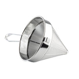 A stainless steel China Cap Strainer with a fine mesh body, sturdy rim, and flat handle. The angled strainer displays its deep cone shape and texture for easy holding, all set against a white background.