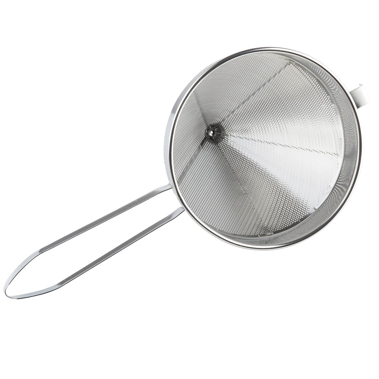 A heavy duty stainless steel China Cap Strainer with a fine mesh body and a long, thin handle, shown from above. The strainer has a hook on its rim for stability over containers, and the tightly woven mesh filters liquids or fine particles.