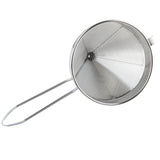 A heavy duty stainless steel China Cap Strainer with a fine mesh body and a long, thin handle, shown from above. The strainer has a hook on its rim for stability over containers, and the tightly woven mesh filters liquids or fine particles.