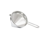 A stainless steel China Cap Strainer with a fine mesh and a long handle, resting on a white background. This 6 qt strainer features a small metal hook opposite the handle for stability when placed over a bowl or pot.