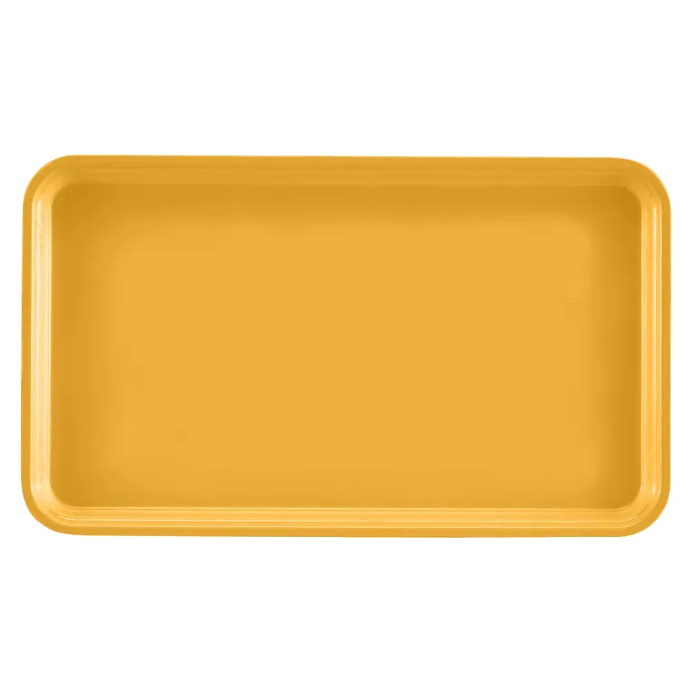 A rectangular yellow Camtray with rounded corners and slightly raised edges is shown on a white background. The high-impact fiberglass tray features a smooth, glossy surface, minimalist design, and is dishwasher safe.