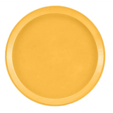 A round, flat fiberglass plate in a solid mustard yellow color, viewed from above. The plate has a slightly raised, smooth rim and no visible patterns or designs. The background is plain and white, highlighting its simple, modern style. Dishwasher safe.