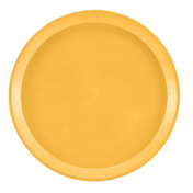 A round, plain yellow Serving Camtray with a smooth surface and a slightly raised rim. Made of plastic and photographed from above on a white background, this dishwasher safe tray features no patterns or decorations.