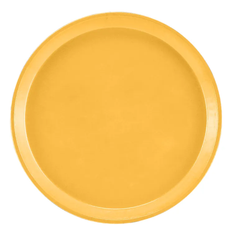A round, plain yellow Serving Camtray with a slightly raised edge is shown against a white background. This NSF-approved fiberglass tray features a smooth surface and an even, bright yellow color, offering simple and practical design.