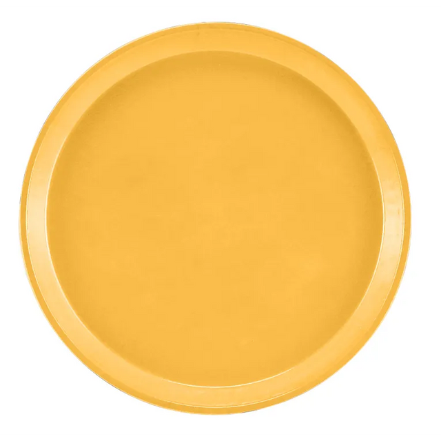 A round, plain yellow Serving Camtray with a slightly raised edge is shown against a white background. This NSF-approved fiberglass tray features a smooth surface and an even, bright yellow color, offering simple and practical design.