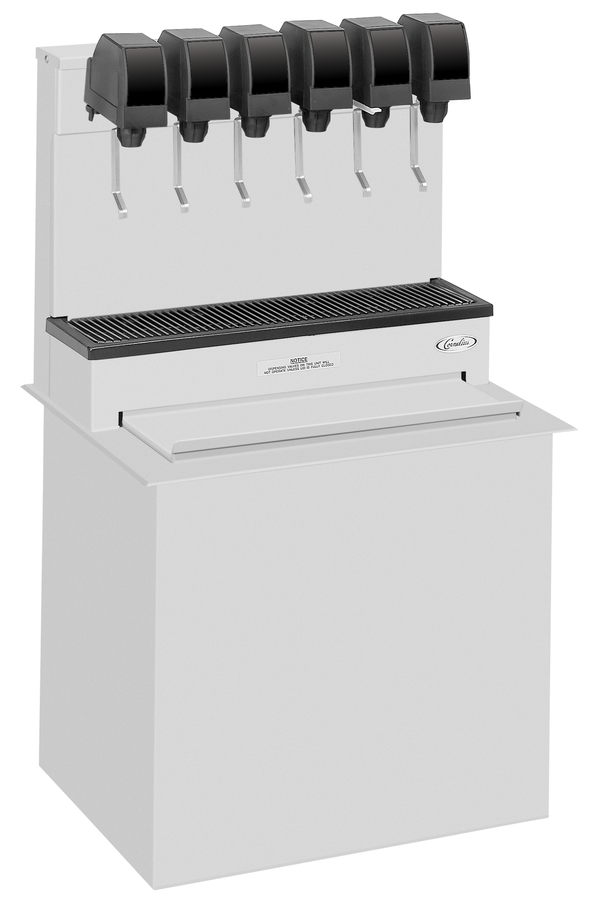 A commercial post-mix soda beverage dispenser with five black levers, a metal drip tray below the nozzles, and a white rectangular base. The ice cooled machine features a modern, clean design with only a small label for branding.