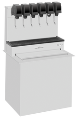 A commercial post-mix soda beverage dispenser with five black levers, a metal drip tray below the nozzles, and a white rectangular base. The ice cooled machine features a modern, clean design with only a small label for branding.