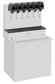 A commercial post-mix soda beverage dispenser with five black levers, a metal drip tray below the nozzles, and a white rectangular base. The ice cooled machine features a modern, clean design with only a small label for branding.