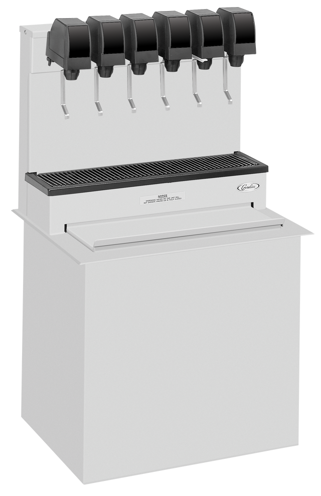 A commercial post-mix soda beverage dispenser with five black levers, a metal drip tray below the nozzles, and a white rectangular base. The ice cooled machine features a modern, clean design with only a small label for branding.