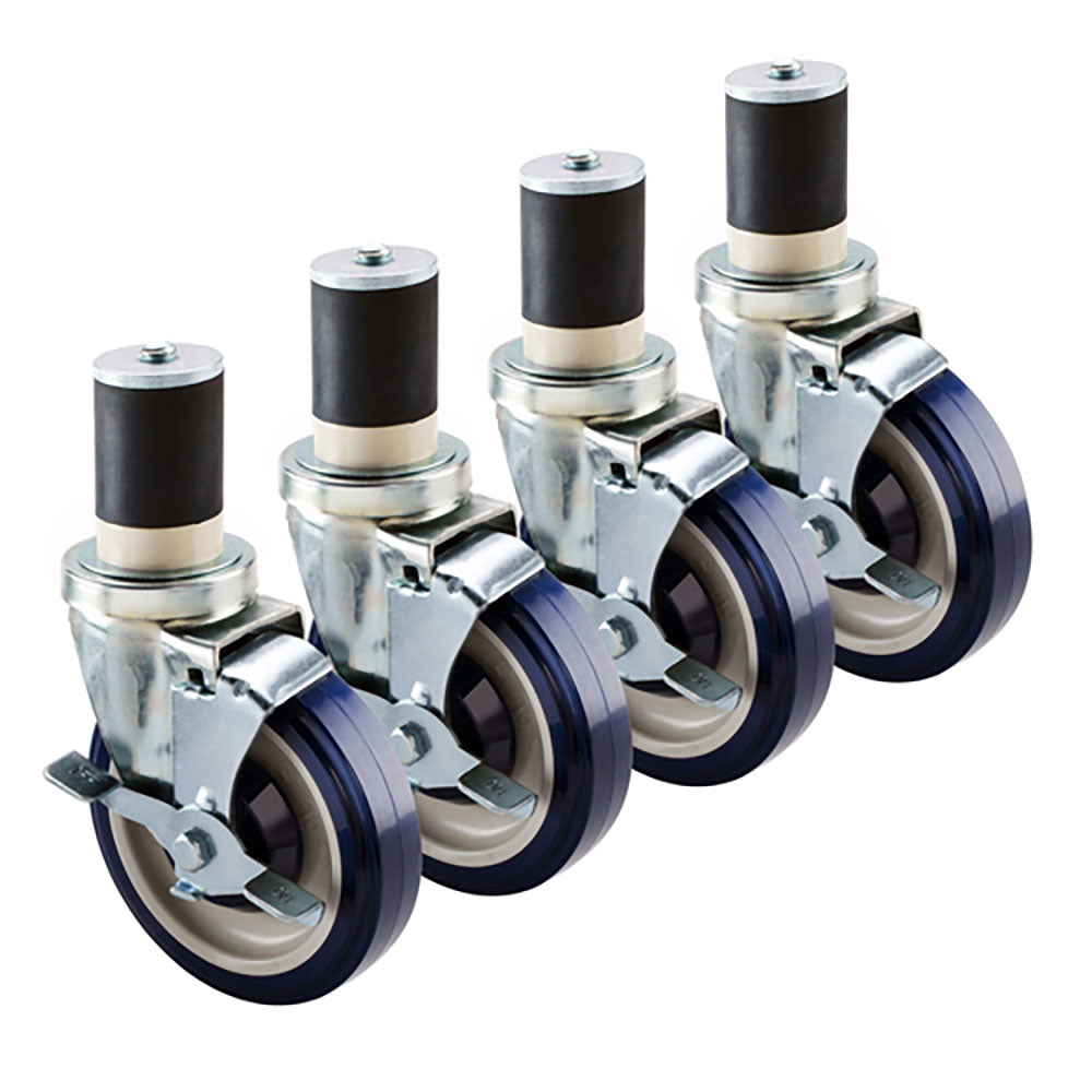 Four heavy-duty swivel casters with dark blue rubber wheels and metal frames are shown in a row. This caster set includes vertical metal stems and foot brake levers, appearing unused and isolated on a white background.