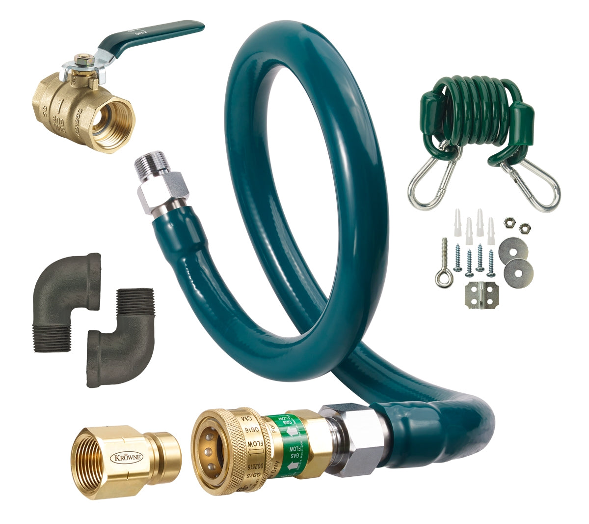 A coiled green Gas Flex Hose with brass quick disconnect fittings is centered. Surrounding it are a brass shut-off valve (top left), two black elbow pipe fittings (bottom left), a green restraining device with carabiners (top right), and an assorted hardware kit (right).