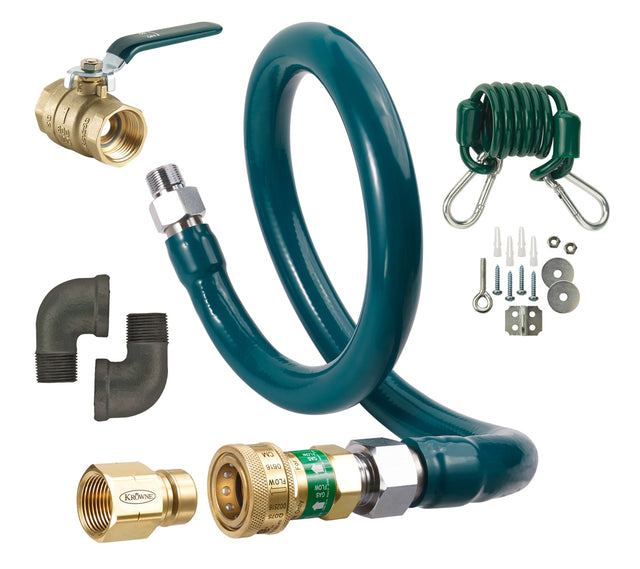 A coiled green Gas Flex Hose with brass quick disconnect fittings is centered. Surrounding it are a brass shut-off valve (top left), two black elbow pipe fittings (bottom left), a green restraining device with carabiners (top right), and an assorted hardware kit (right).