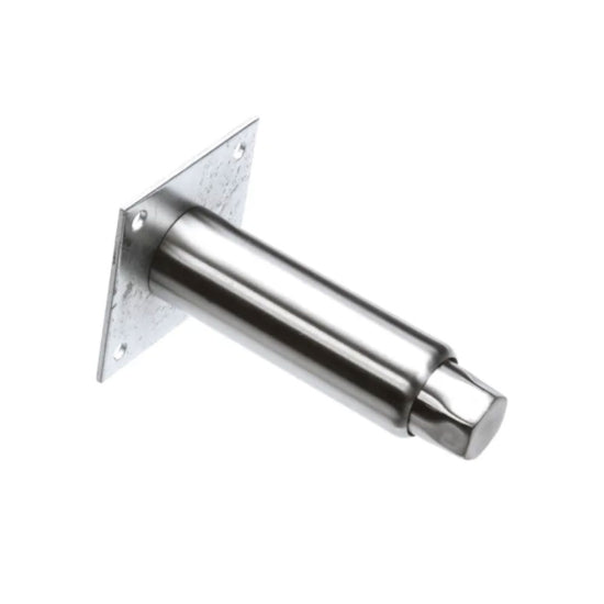 A metal door stopper with a flat square mounting plate and a cylindrical body ending in a rounded stopper tip. Similar to an Atosa leg, the mounting plate has four screw holes, one at each corner, for securing the stopper to a wall or floor.