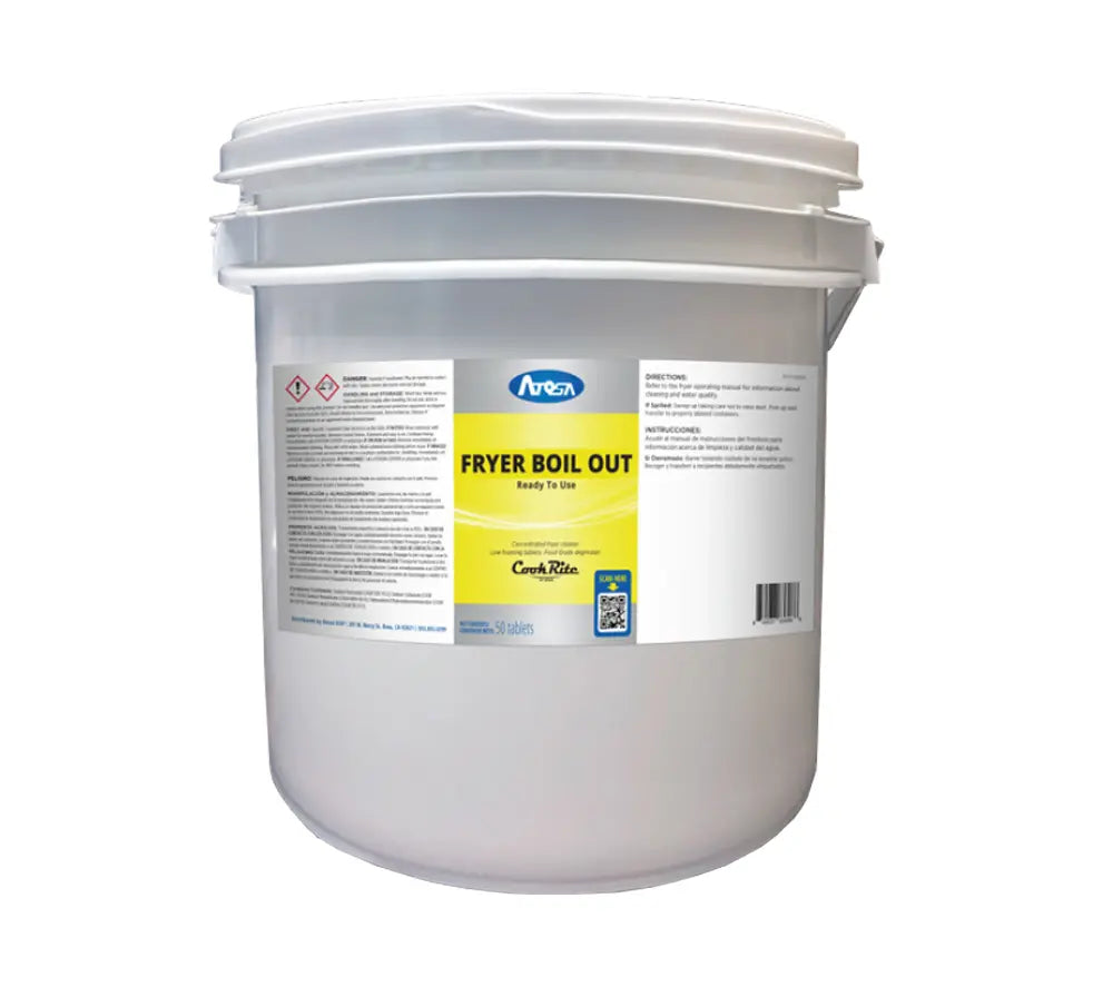 A large white plastic bucket with a handle features a yellow and white label reading “Fryer Boil Out.” The label, marked with branding like Atosa ATTAB1 fryer cleaner, includes instructions, safety warnings, and comes with a tightly sealed lid.