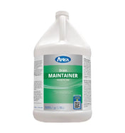 A white gallon jug labeled Arosa Drain Maintainer Ready To Use, also known as Atosa Floor drain maintainer. The green label features white and blue text, with instructions on the sides. It has a built-in handle, screw cap, and 1 gallon (3.785 L) capacity.
