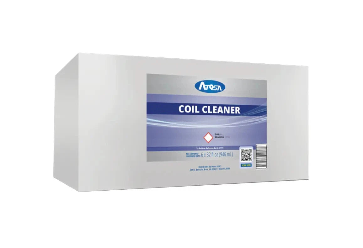 A white rectangular box with a blue and gray label reading “Coil Cleaner” from Atosa USA. The label features the Avesta logo, safety symbols, ATCC product details, and quantity (6 x 32 fl oz). The plain box is set against a white background.