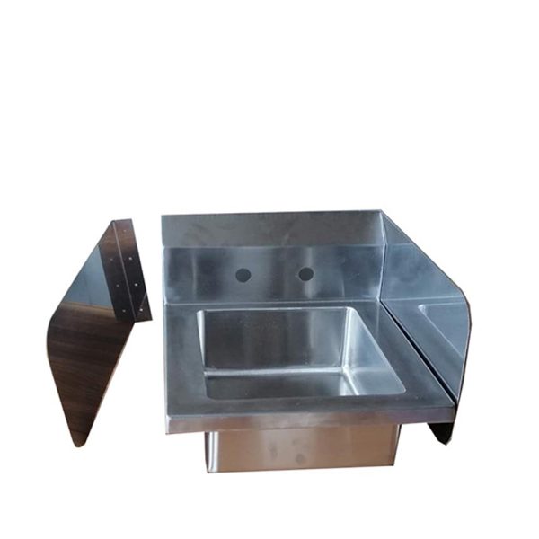 An Atosa stainless steel utility sink unit features a deep rectangular basin, hand sink side splash, and a flat counter surface on the right. A detached side panel with mounting holes is on the left. The background is plain white.