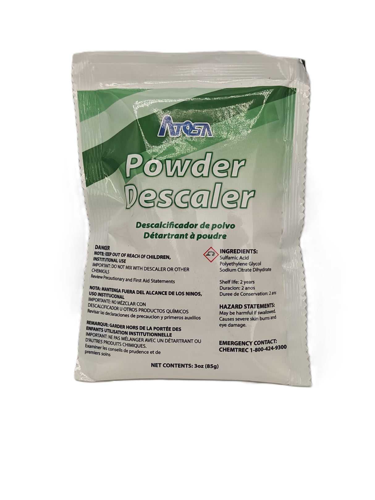 A white and green sachet labeled INOSA Powder Descaler, ideal as an ice maker descaler for Atosa ice makers. Features warnings, instructions in English, Spanish, and French, safety symbols, ingredients (sulfamic and citric acid), 3 oz/85g net contents, and an emergency contact number.