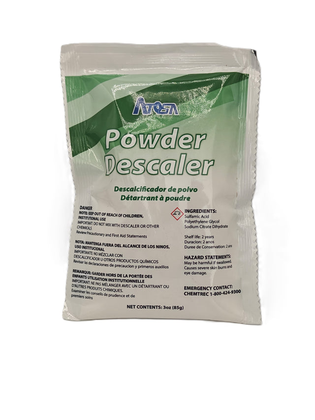 A white and green sachet labeled INOSA Powder Descaler, ideal as an ice maker descaler for Atosa ice makers. Features warnings, instructions in English, Spanish, and French, safety symbols, ingredients (sulfamic and citric acid), 3 oz/85g net contents, and an emergency contact number.