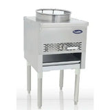A stainless steel commercial kitchen appliance with four legs, a circular top opening, and a vented front panel. The CookRite logo and control knob highlight this heavy-duty wok range, ideal for Chinese wok-style dishes with stainless steel construction.