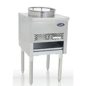 A commercial stainless steel gas stove with a single large duck jet burner and tall legs. The stove features a circular pot support for wok range cooking, ventilation slots, a control knob, and an open shelf beneath. Background is plain white.