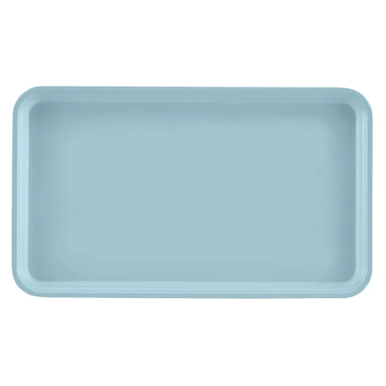 A rectangular, light blue Camtray made from high-impact fiberglass with slightly raised edges and rounded corners, shown from a top-down perspective on a plain white background. The smooth surface is unadorned and dishwasher safe.