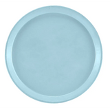 A round, flat Serving Camtray with a raised edge is shown from a top-down view. This light blue fiberglass tray has a smooth, matte surface with no patterns or designs. The tray is dishwasher safe, and the background is white.
