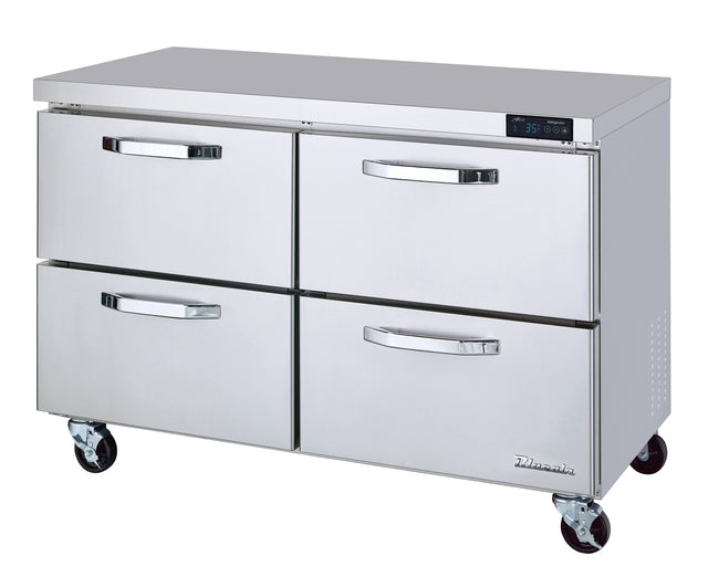 A commercial stainless steel refrigerator with four horizontal drawers, each featuring curved handles. This undercounter refrigerator has a flat top, digital temperature display, side vents, and sits on four caster wheels for mobility.