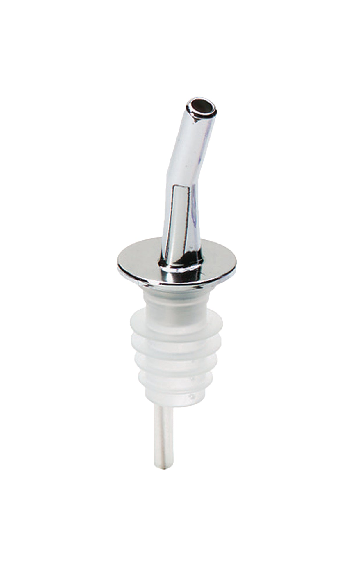 A metal whiskey pourer with a chrome plated spout and clear ribbed, BPA free silicone base, designed for controlled pouring of alcohol or oil. The background is plain white.