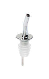 A metal whiskey pourer with a chrome plated spout and clear ribbed, BPA free silicone base, designed for controlled pouring of alcohol or oil. The background is plain white.
