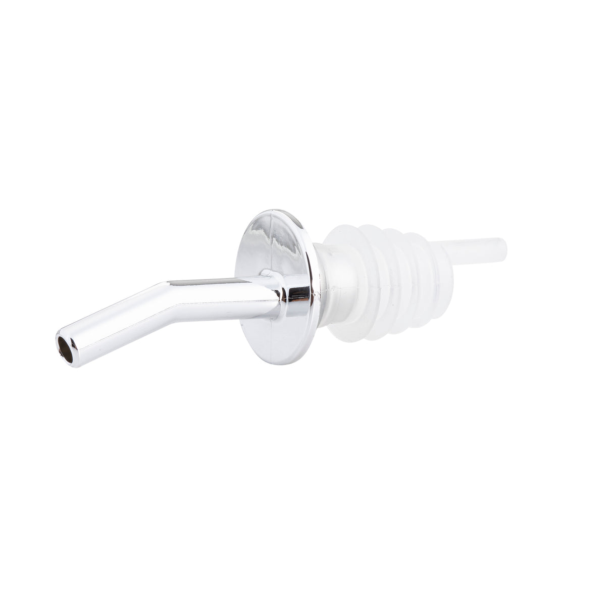 A chrome plated spout whiskey pourer with a shiny silver finish and bent nozzle. The base features a clear, ribbed silicone BPA free stopper for secure, controlled pouring. Set against a plain white background.