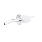 A chrome plated spout whiskey pourer with a shiny silver finish and bent nozzle. The base features a clear, ribbed silicone BPA free stopper for secure, controlled pouring. Set against a plain white background.