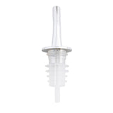 A clear, BPA free plastic whiskey pourer with a long, narrow spout and ridged, tapered base fits bottle necks perfectly. The upright spout is centered against a white background.