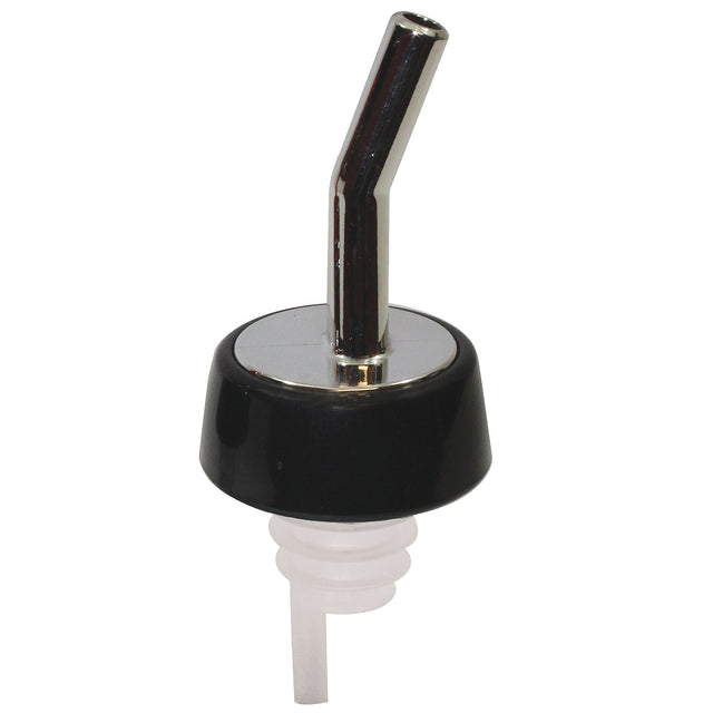A chrome and black whiskey pourer with a short, chrome plated spout on top and a ribbed, white plastic stopper at the bottom, designed for free flow and controlled pouring of liquids from bottles.