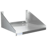 A stainless steel wall mount microwave shelf with angled side supports, a flat rectangular surface, and NSF-rated mounting holes in the back. The smooth front edge features a small Empura label. The shelf is empty and shown on a white background.
