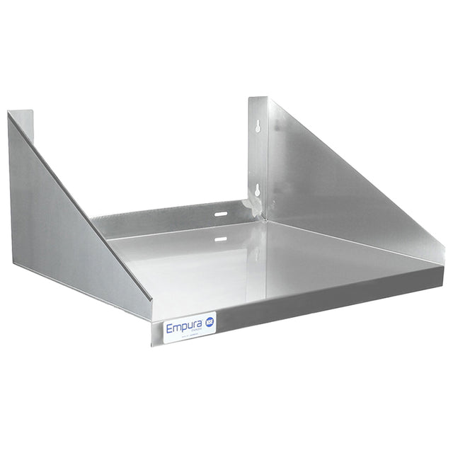 A stainless steel wall mount microwave shelf with angled side supports, a flat rectangular surface, and NSF-rated mounting holes in the back. The smooth front edge features a small Empura label. The shelf is empty and shown on a white background.
