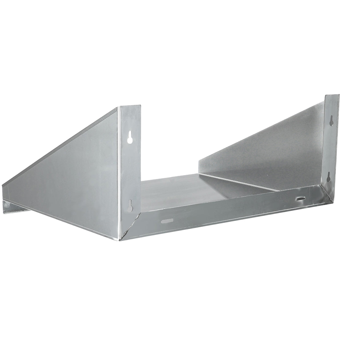 A silver metal wall bracket, ideal as a stainless steel shelf or wall mount microwave shelf, features two triangular side supports and a flat base with pre-drilled holes. NSF certified, it offers simple industrial style for securely supporting shelves or equipment.