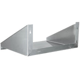 A silver metal wall bracket, ideal as a stainless steel shelf or wall mount microwave shelf, features two triangular side supports and a flat base with pre-drilled holes. NSF certified, it offers simple industrial style for securely supporting shelves or equipment.