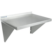 A stainless steel wall-mount storage shelf with angled triangular brackets and a raised rear edge for stability. NSF certified, it features a smooth, reflective surface and a small Empura brand label, offering minimalist, industrial style.