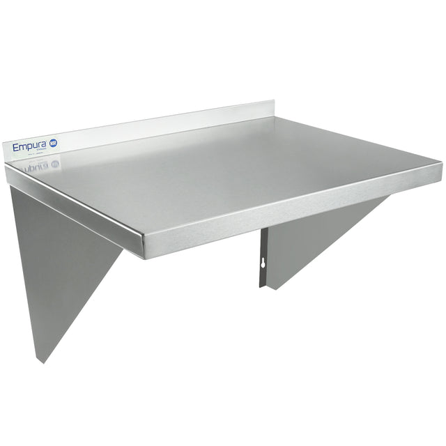 A stainless steel wall-mount storage shelf with angled triangular brackets and a raised rear edge for stability. NSF certified, it features a smooth, reflective surface and a small Empura brand label, offering minimalist, industrial style.
