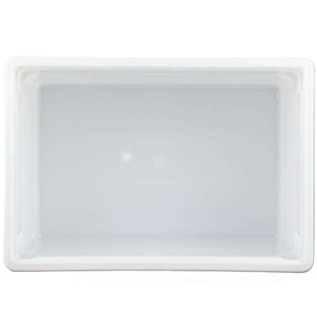 A white, empty Cambro food storage container is shown from above on a white background. The 22 gallon bin has smooth edges, slightly rounded corners, a rectangular shape, and a glossy surface with no visible markings or handles.