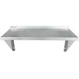 A stainless steel wall mount storage shelf with a raised back edge and two sturdy triangular support brackets. NSF certified, the Empura-branded shelf is ideal for kitchens or commercial spaces.